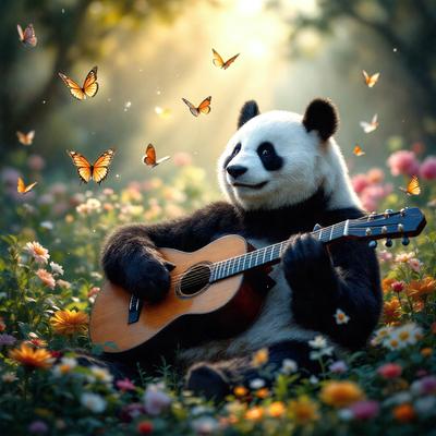 The primary subject of the image is a panda bear sitting in a field of flowers, holding a guitar. The setting is a beautiful, colorful garden with a variety of flowers surrounding the panda. The visual style is a combination of photo and digital art, creating a unique and vibrant scene. The colors and mood of the image are lively and cheerful, with the panda's smile and the bright flowers adding to the overall atmosphere.